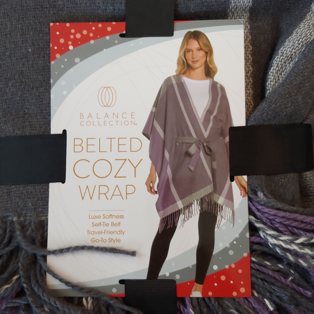 NWT Balance Collection Belted Cozy Wrap, One Size, Purple/Grey/White - Picture 4 of 5